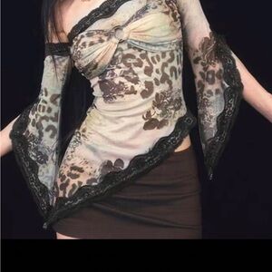 Sheer Leopard Print Off-Shoulder Top with Black Lace Trim